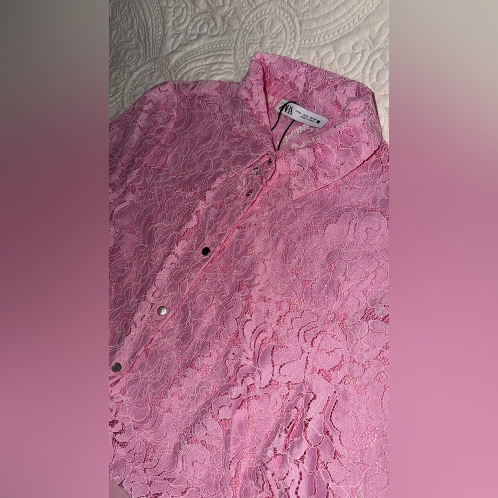 Zara Pink Lace Button-Up Blouse and Pants - Picture 3 of 7